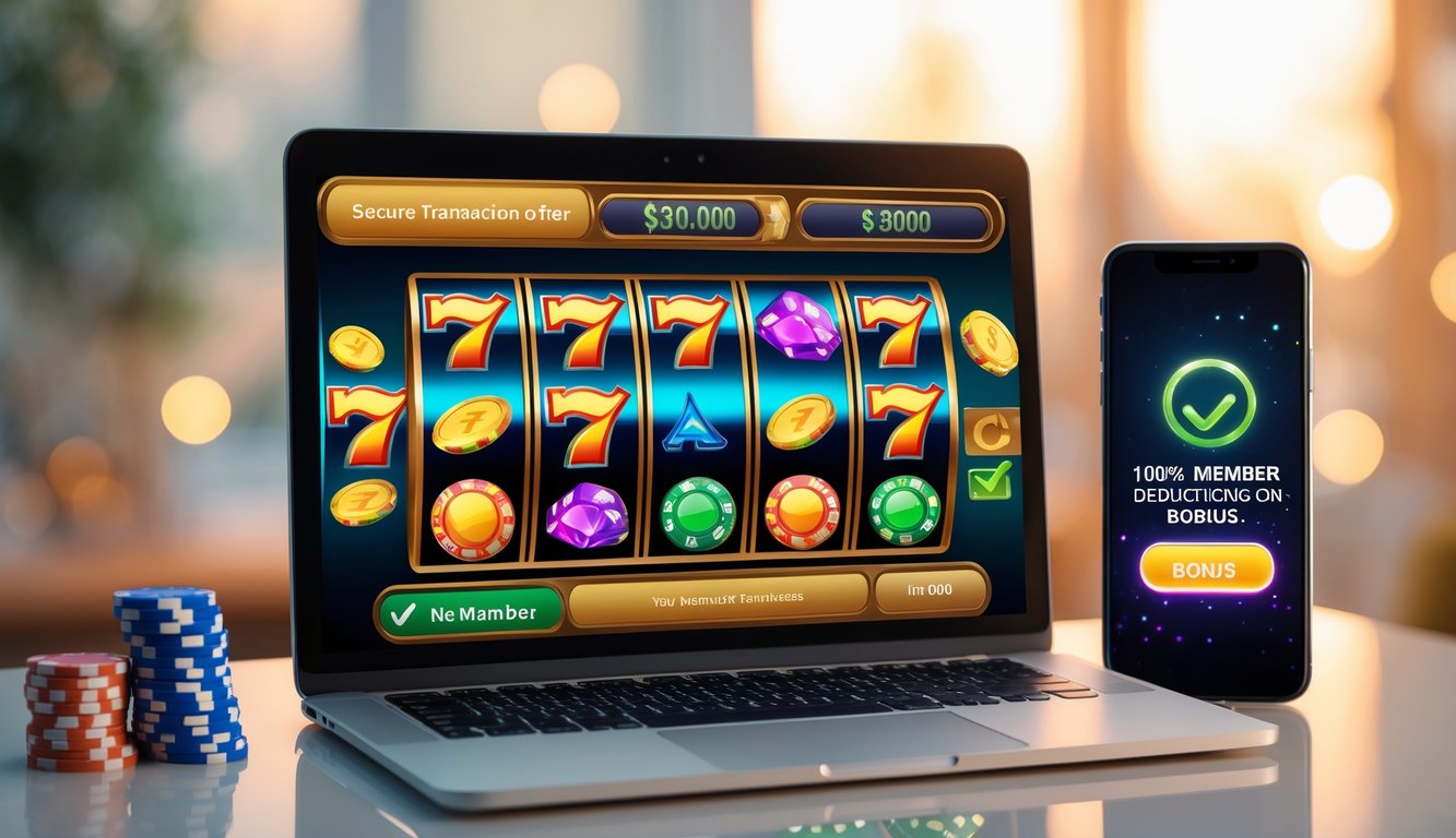 Seorang pria menggunakan laptop dan ponsel untuk bermain slot online dengan tampilan layar penuh warna dan simbol mesin slot, di meja terdapat tumpukan chip poker.