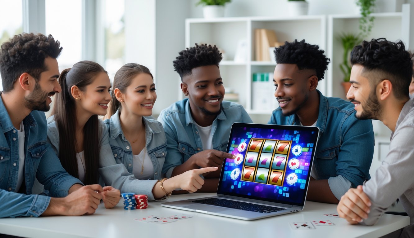 Sekelompok orang muda sedang berdiskusi di depan laptop dengan gambar mesin slot digital di layar, di sebuah ruang kerja yang terang dan rapi.