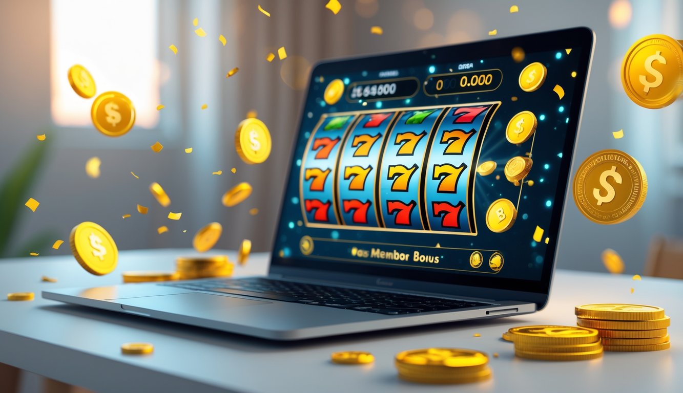 Seorang pengguna sedang bermain slot online di laptop dengan koin digital dan efek perayaan di sekitarnya.