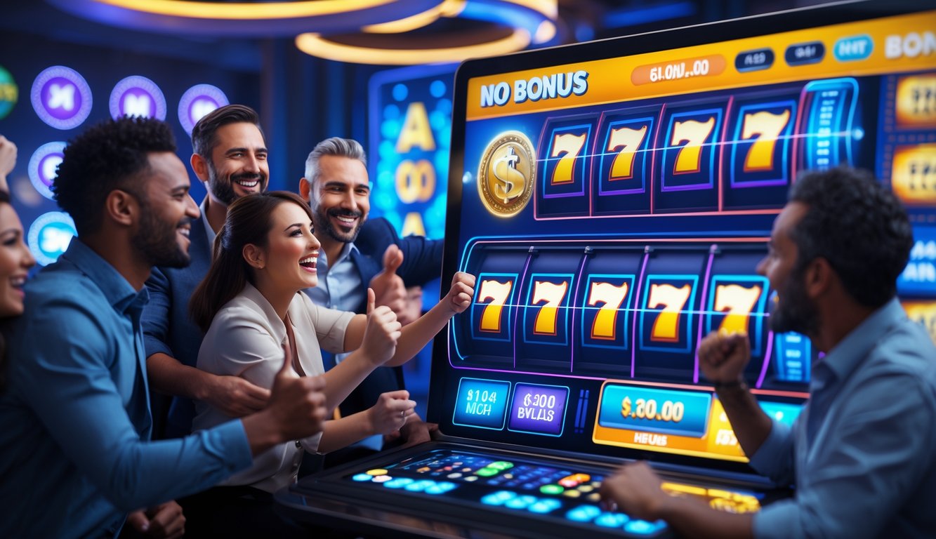 Sekelompok orang yang bahagia berkumpul di sekitar layar besar menampilkan permainan slot online dengan simbol kemenangan dan suasana perayaan.