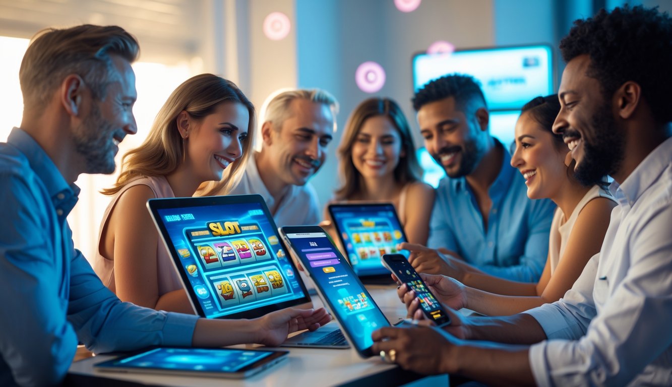 Beberapa orang sedang menggunakan perangkat digital untuk bermain slot online di ruangan terang dengan suasana ceria.