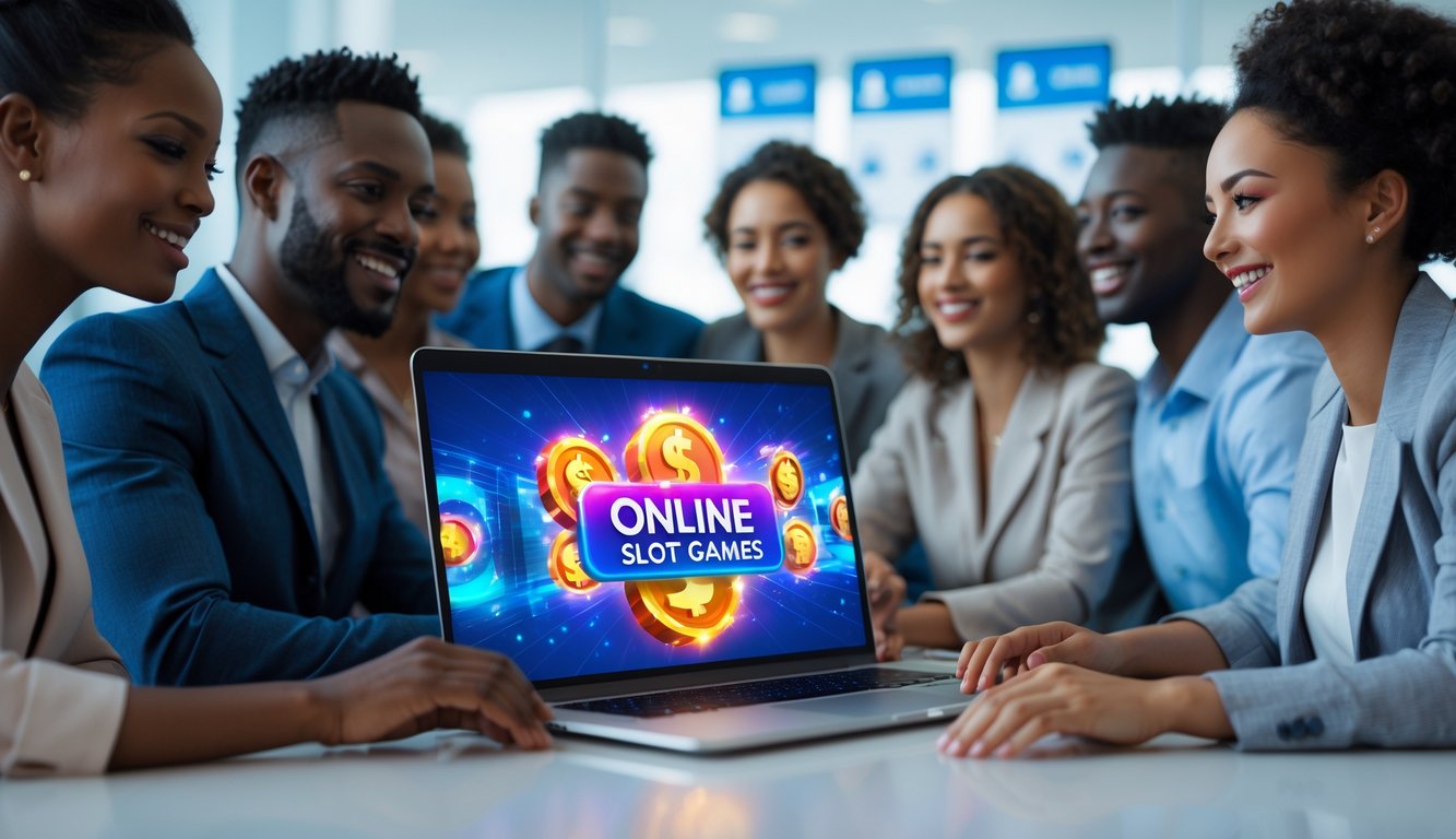 Sekelompok orang sedang berkumpul di sekitar laptop di kantor modern, terlihat antusias dan percaya diri dengan latar belakang grafis permainan slot online.