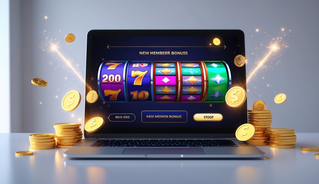 Sebuah komputer menampilkan permainan slot online dengan koin emas di sekitarnya dalam suasana yang bersih dan profesional.