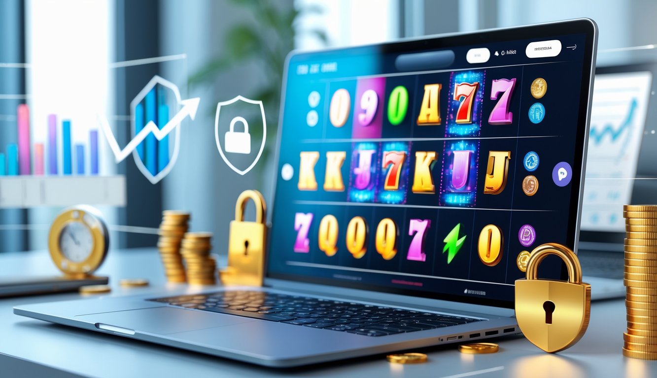 Seorang pengguna sedang bermain game slot online di komputer dengan simbol keamanan dan grafik keuangan di latar belakang.