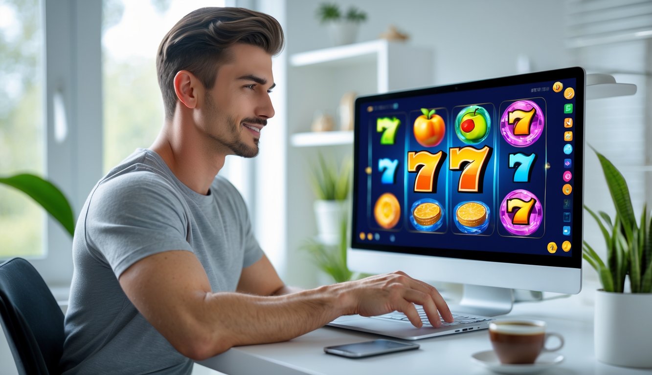 Seorang pria muda duduk di meja kerja dengan laptop, fokus pada layar yang menampilkan permainan slot online, di ruangan yang terang dan rapi.