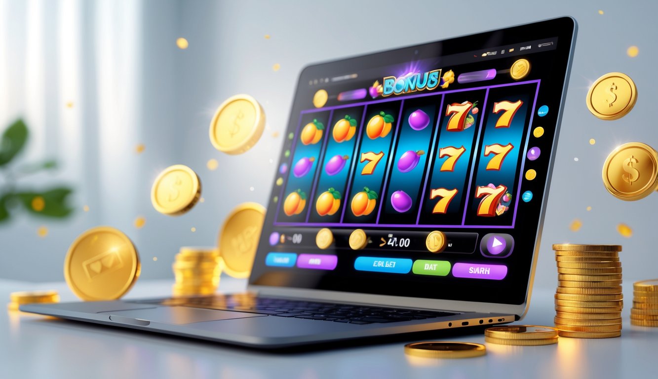 Sebuah laptop menampilkan permainan slot online dengan gulungan berwarna-warni dan simbol buah serta koin emas di layar, dikelilingi oleh ikon hadiah digital di atas meja bersih.