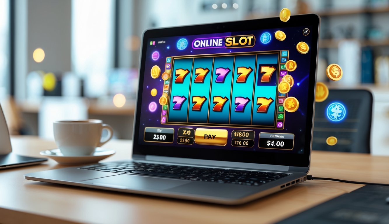 Meja kerja modern dengan laptop yang menampilkan permainan slot online berwarna-warni, di sekitar terdapat koin digital dan ikon hadiah, di latar belakang terdapat rak buku dan cangkir kopi.
