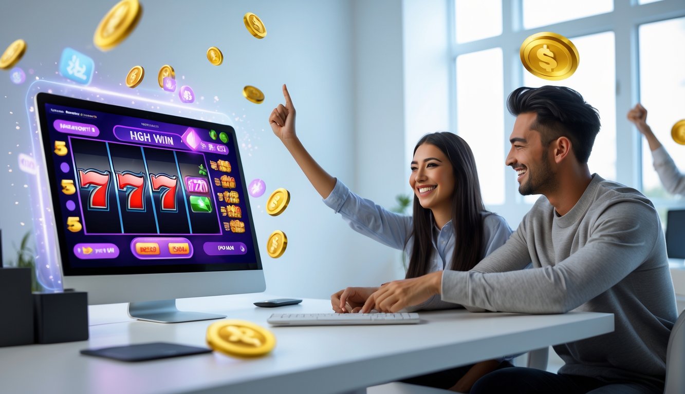 Dua orang muda duduk di depan laptop dengan tampilan permainan slot online yang berwarna-warni, tersenyum dan merayakan kemenangan bersama di ruangan yang terang dan modern.