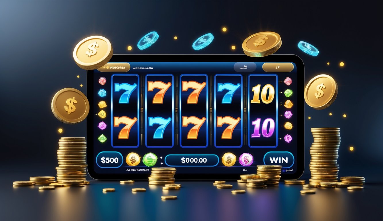 Antarmuka digital mesin slot online dengan simbol kemenangan, koin emas, dan tumpukan uang di latar belakang gelap yang elegan.