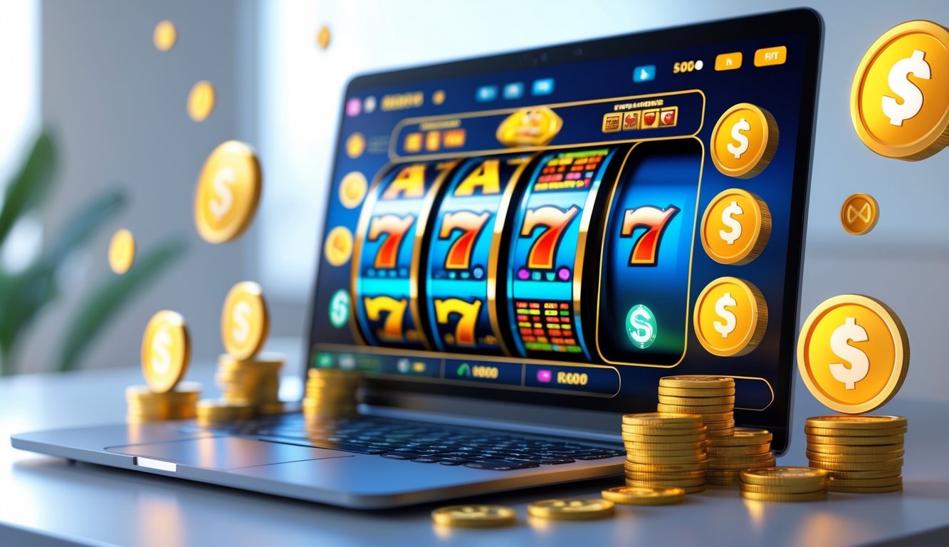 Layar komputer menampilkan permainan slot online dengan simbol warna-warni dan ikon bonus di sekitarnya.