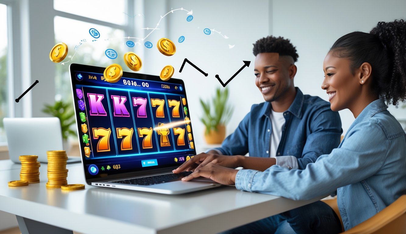 Dua orang muda sedang menggunakan laptop dengan tampilan permainan slot online di meja kerja di dalam ruangan yang terang.