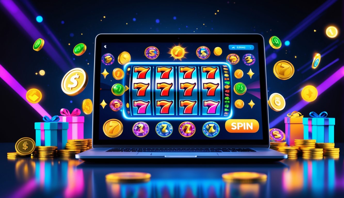 Seorang pengguna sedang bermain permainan slot online di komputer dengan simbol warna-warni dan elemen bonus di sekitar layar.