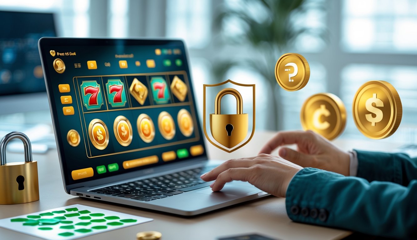 Seorang pengguna sedang menggunakan laptop dengan tampilan permainan slot online di meja kerja yang rapi, dengan simbol keamanan dan elemen digital di sekitar.