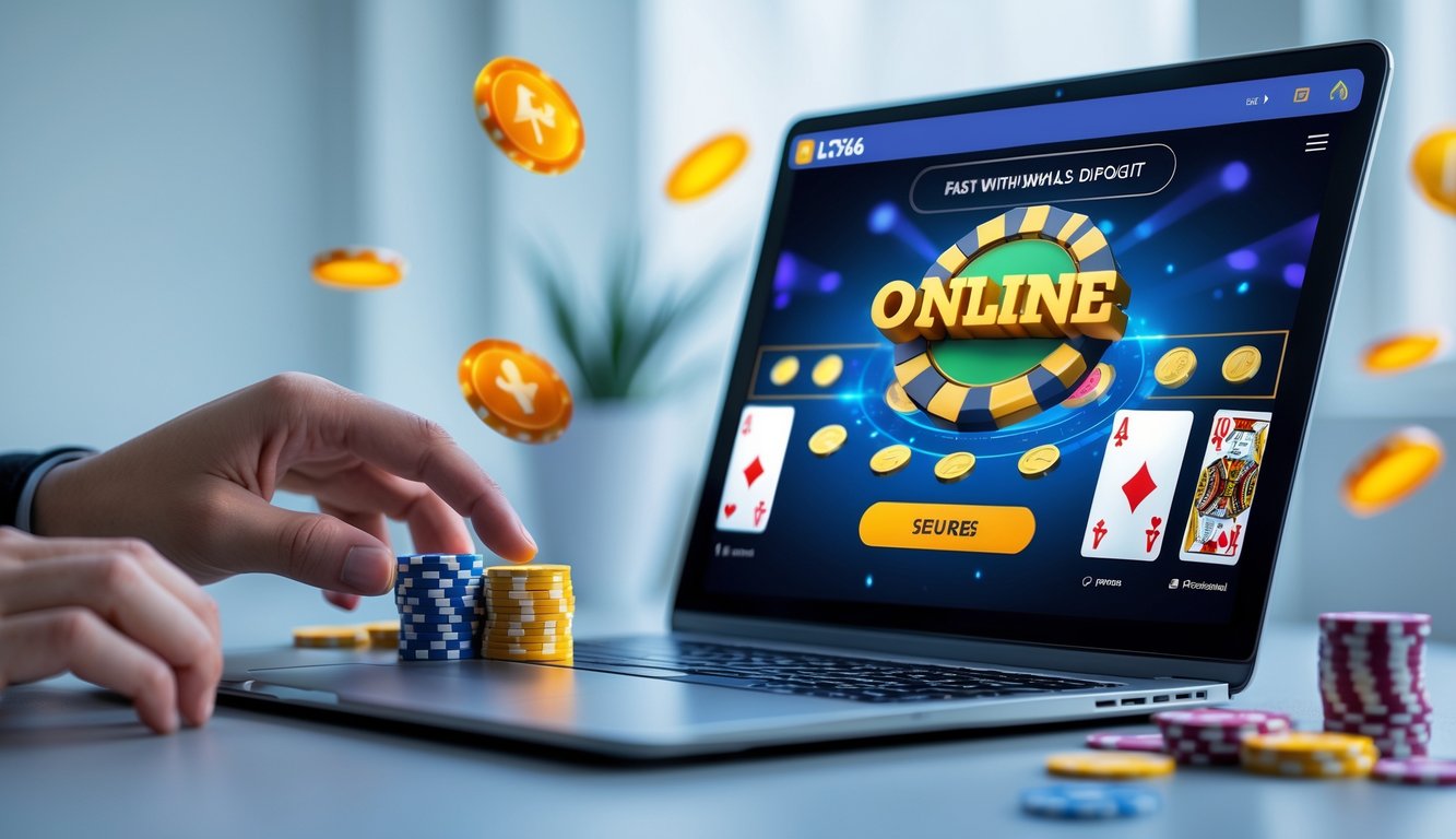 Seseorang menggunakan perangkat digital untuk bermain permainan kartu online dengan latar belakang minimalis dan pencahayaan lembut.