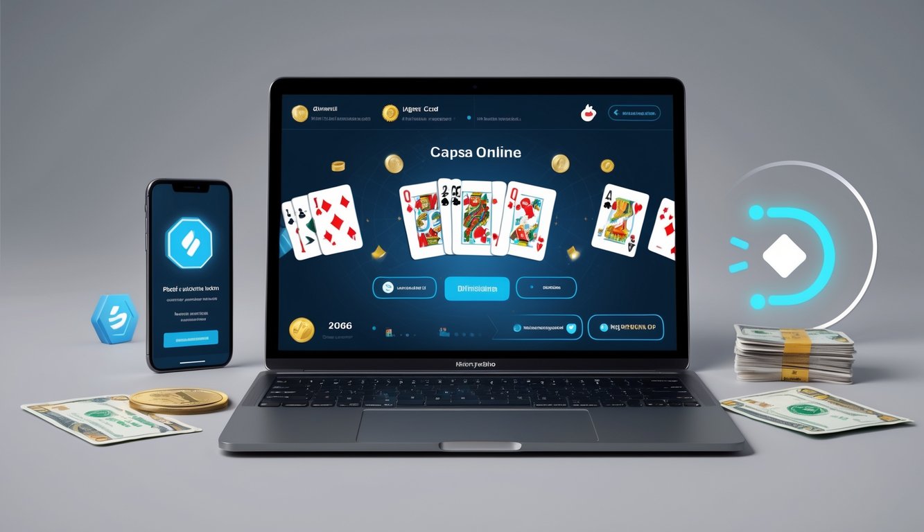 Seorang pengguna bermain permainan kartu online Capsa di laptop dengan latar meja kerja yang rapi dan perangkat digital di sekitar.