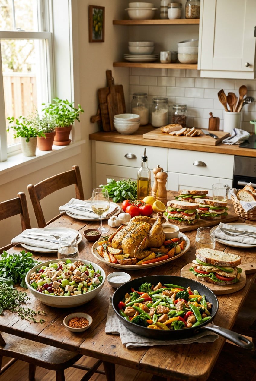 A wooden kitchen table spread with multiple plates of pulled and shredded chicken dishes alongside fresh herbs, sliced vegetables, and colorful sauces.