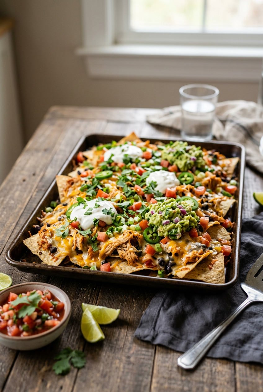 A large sheet pan loaded with golden tortilla chips topped with shredded rotisserie chicken, melted cheddar, black beans, corn, sliced jalapeños, and a swirl of sour cream, photographed on a rustic wooden table.