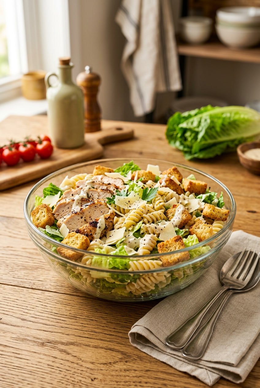 A generous bowl of Caesar pasta salad with chopped rotisserie chicken, rotini pasta, crisp romaine, shaved Parmesan, halved cherry tomatoes, and golden croutons on a wooden table.