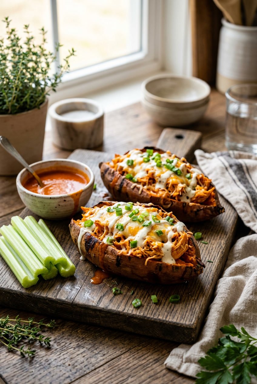 Two halved sweet potatoes stuffed with saucy buffalo chicken and melted cheese, topped with sliced green onions and served on a wooden board with celery sticks and a ramekin of buffalo sauce alongside.