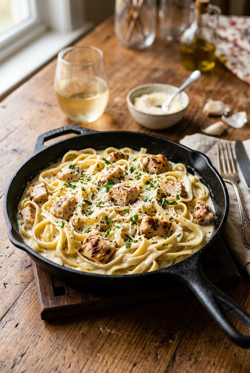 A wide cast-iron skillet filled with creamy fettuccine Alfredo and shredded rotisserie chicken, finished with chopped flat-leaf parsley and a dusting of Parmesan, set on a wooden surface.