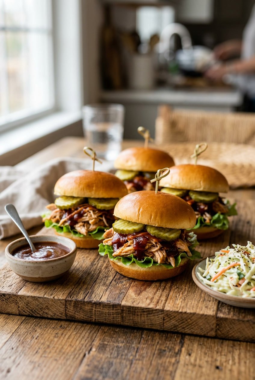Close-up of soft slider buns filled with saucy pulled rotisserie chicken, a layer of creamy coleslaw, and sliced pickles, arranged on a wooden board with a small bowl of barbecue sauce and a side of kettle chips.