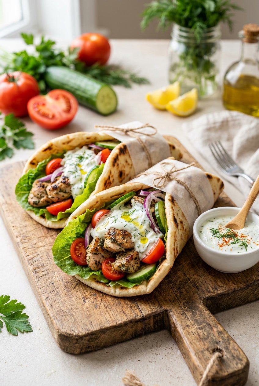 Two stuffed Greek-style pita wraps filled with sliced rotisserie chicken, chopped romaine, diced cucumber, tomato, and a generous drizzle of thick white tzatziki sauce, served on a wooden board with fresh vegetables in the background.