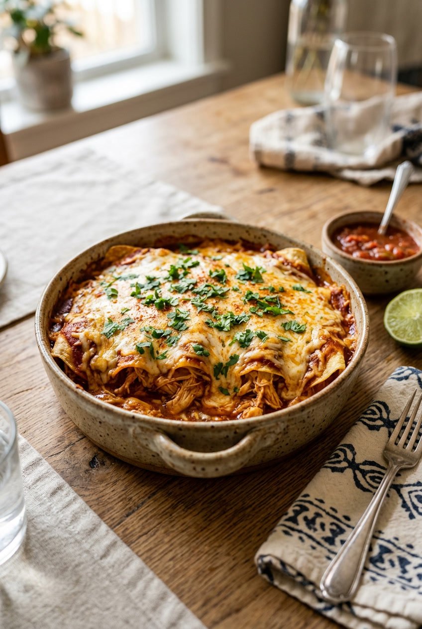 A just-baked chicken enchilada casserole with bubbling melted cheese and scattered fresh cilantro on top, set on a wooden table next to a small bowl of red salsa and a halved lime.
