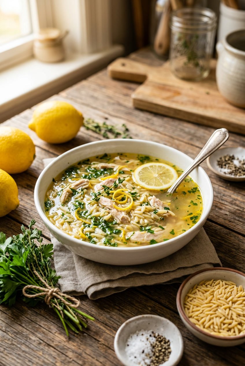 A deep ceramic bowl of chicken orzo soup with shredded chicken, cooked orzo, sliced carrots, and celery, garnished with chopped parsley and two thin lemon slices, surrounded by fresh herbs on a wooden table.