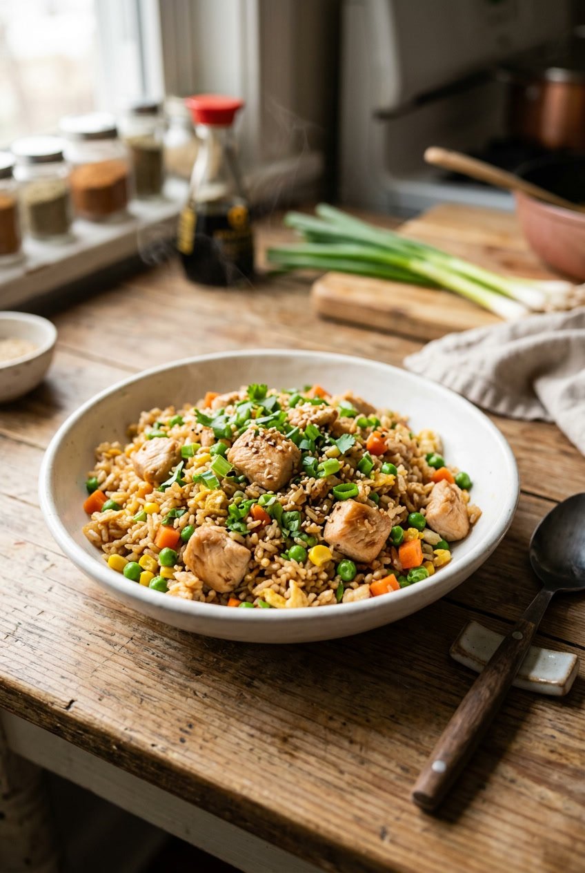 A wide bowl of golden chicken fried rice flecked with peas, carrots, corn, and green onion, with visible pieces of shredded chicken and scrambled egg throughout, photographed in a home kitchen setting.