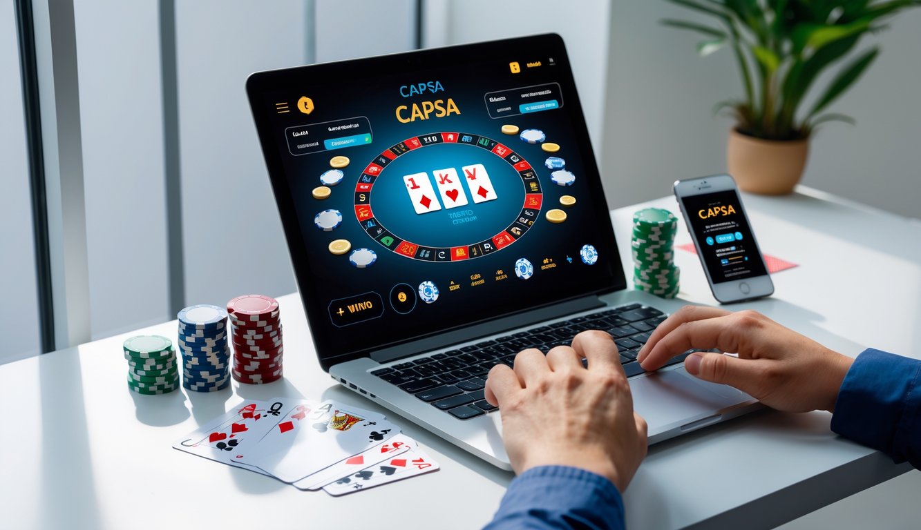 Seseorang sedang bermain Capsa online di laptop dengan kartu dan chip poker di meja, suasana terang dan rapi.