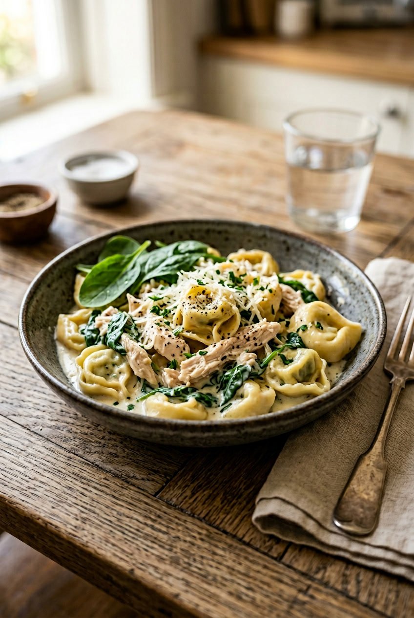 A shallow bowl of cheese tortellini in a creamy Parmesan sauce with wilted baby spinach and chunks of shredded rotisserie chicken, garnished with a few fresh spinach leaves, on a wooden table.