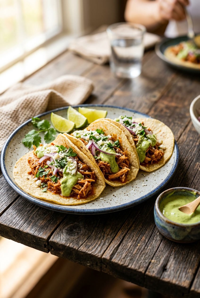 A ceramic plate holding three corn tortilla tacos filled with smoky chicken tinga, topped with a pale green avocado crema, fresh cilantro, and thinly sliced red onion, with lime wedges arranged alongside on a wooden table.