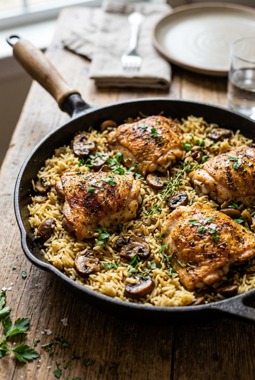 A dark-handled skillet containing fluffy seasoned white rice mixed with sliced cremini mushrooms and shredded rotisserie chicken, photographed from slightly above on a wooden table.