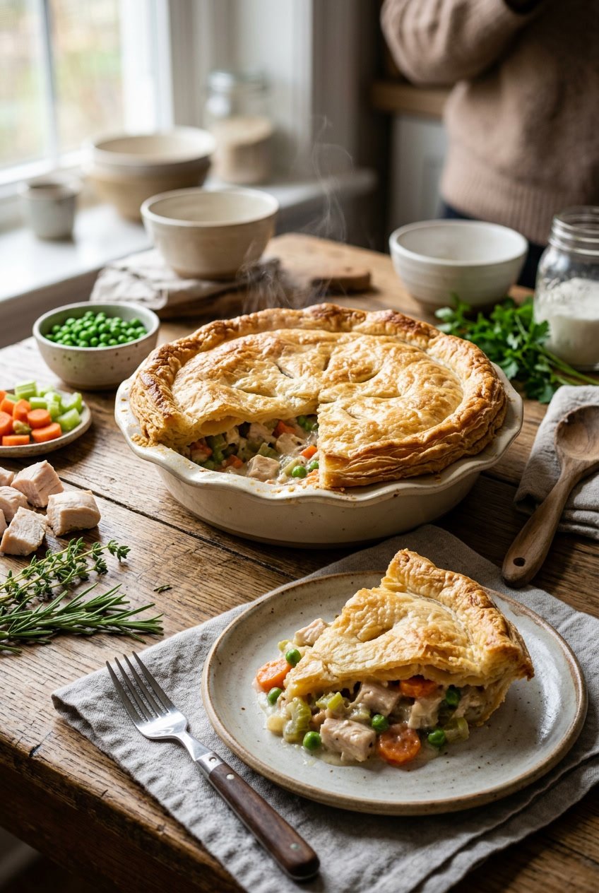 A deep golden-brown chicken pot pie with a flaky puff pastry crust, partially sliced to reveal a creamy vegetable and chicken filling inside, set on a wooden table with a serving plate and fresh vegetables in the background.