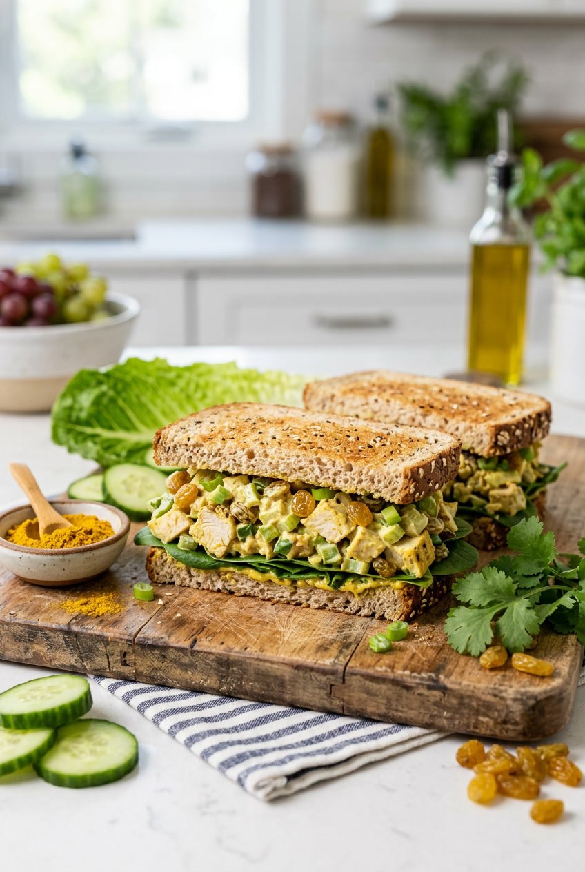 A golden curry chicken salad sandwich on a soft roll, open-faced on a wooden board, with crisp green lettuce leaves and sliced cucumber scattered nearby.