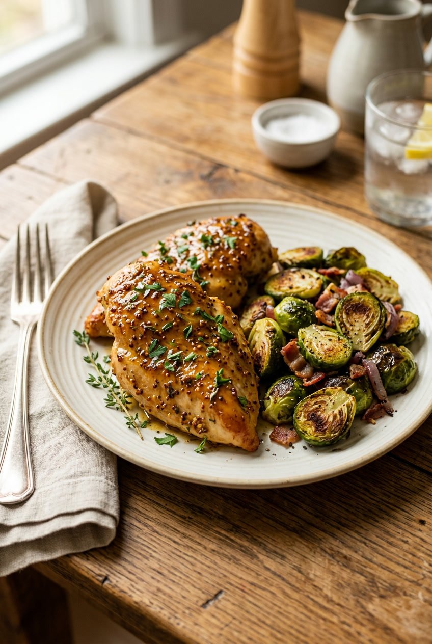 A white dinner plate holding honey mustard glazed shredded chicken alongside caramelized roasted Brussels sprouts with charred edges, served on a wooden table.
