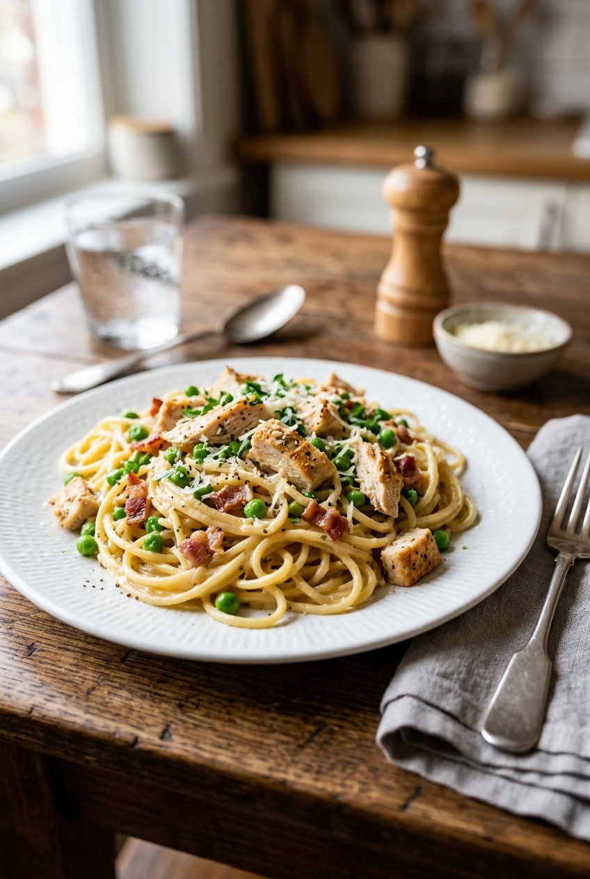 A wide pasta bowl with spaghetti carbonara coated in a glossy egg and Parmesan sauce, studded with crispy bacon bits, bright green peas, and shredded rotisserie chicken, on a wooden table.