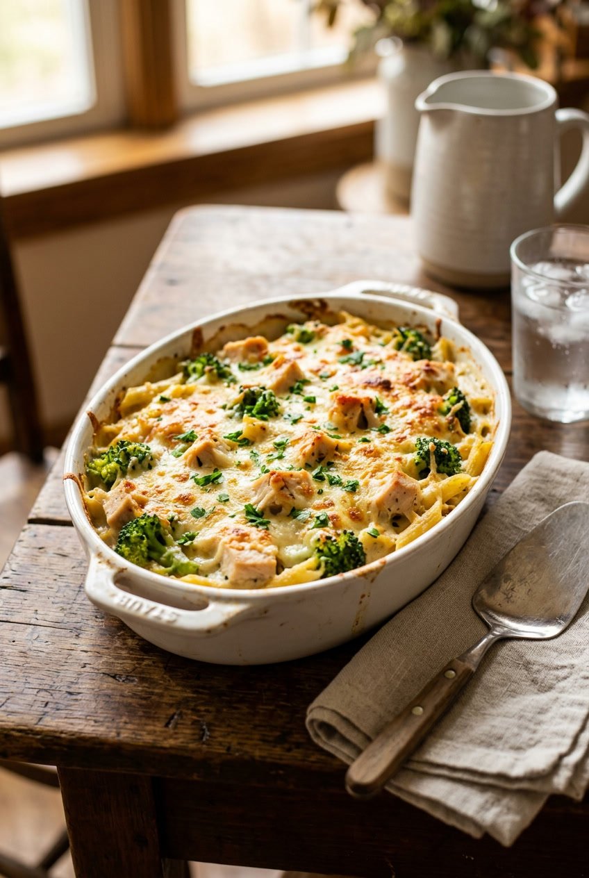 A rectangular white baking dish pulled fresh from the oven, filled with penne pasta, broccoli florets, and shredded chicken in a creamy Alfredo sauce, topped with golden melted mozzarella and Parmesan, on a wooden table.