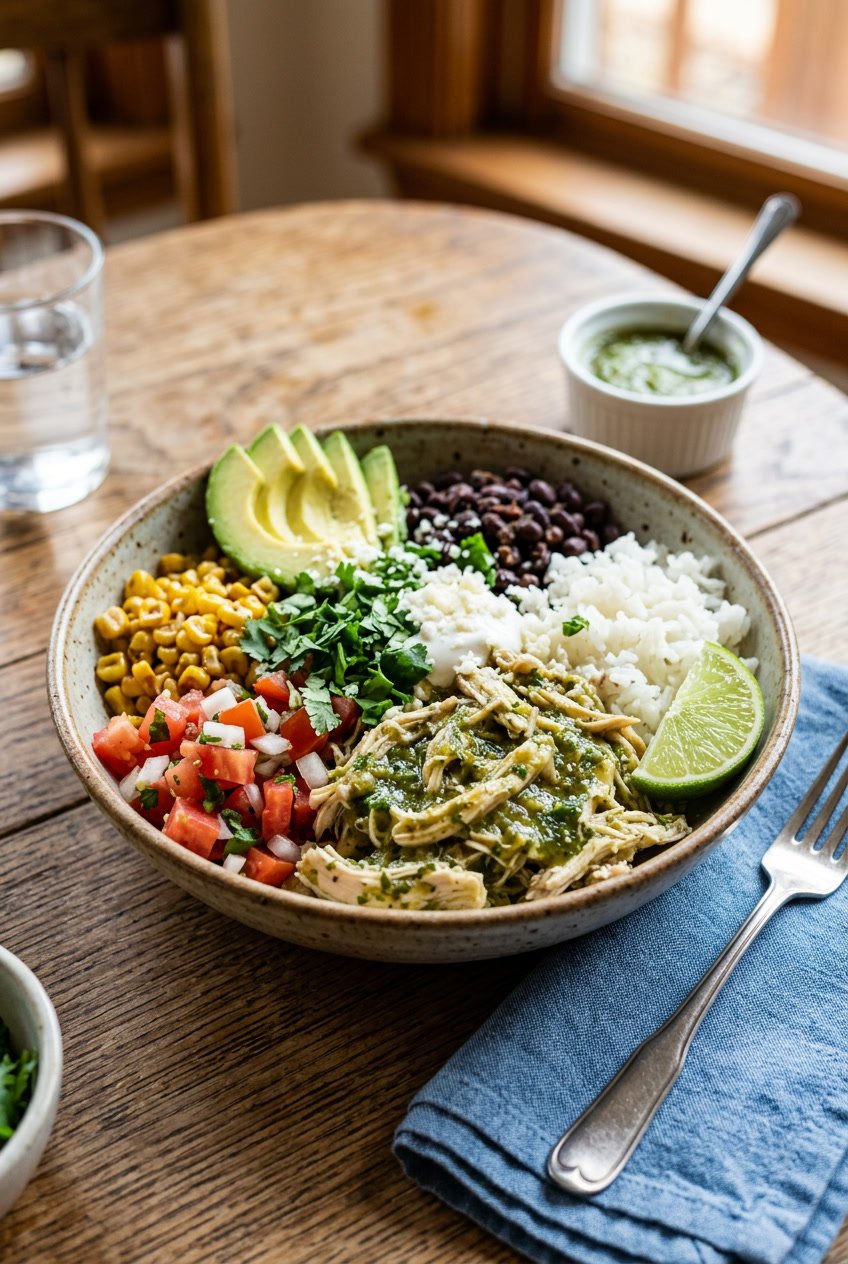 A wide bowl filled with a base of white rice topped with salsa verde chicken, black beans, roasted corn, diced avocado, shredded cheese, a dollop of sour cream, and a lime wedge, photographed on a wooden table.