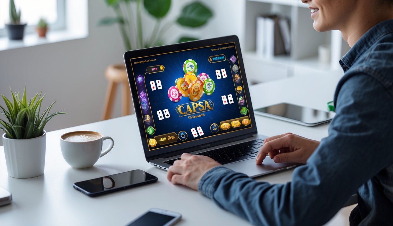 Seorang dewasa muda bermain permainan kartu online di laptop di meja kerja yang rapi dengan suasana nyaman di rumah.