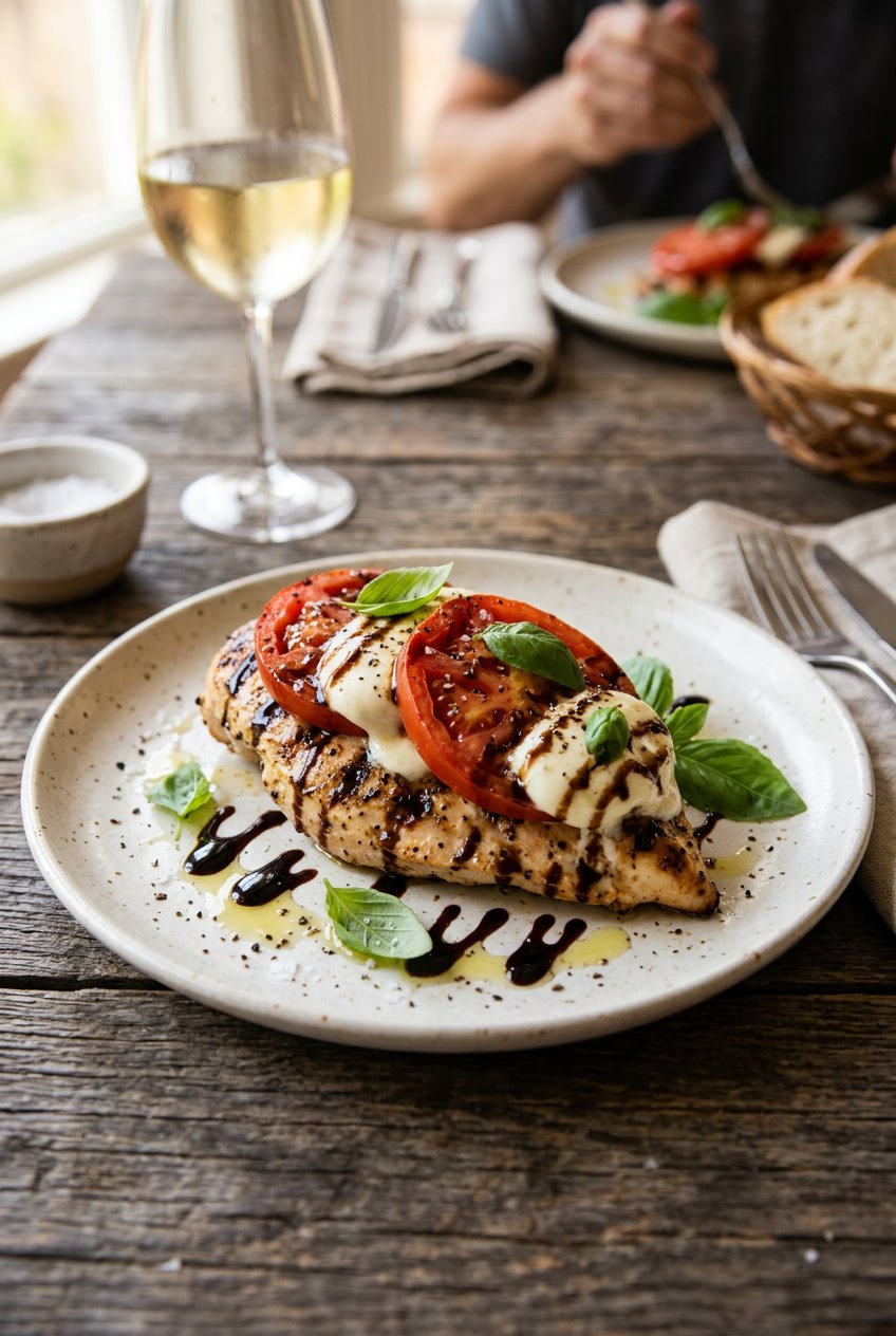 A white baking dish with shredded rotisserie chicken layered under rounds of fresh mozzarella and ripe tomato slices, finished with a dark balsamic drizzle and torn fresh basil leaves, on a wooden table.