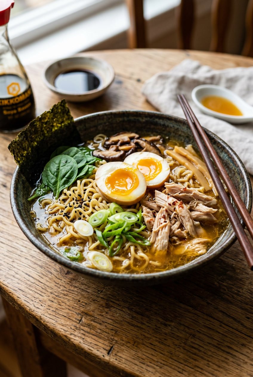 A deep bowl of homemade-style chicken ramen with springy ramen noodles in a dark soy broth, topped with a halved soft-boiled egg with a jammy yolk, scattered green onions, wilted spinach, and shredded rotisserie chicken, with chopsticks resting on the rim.