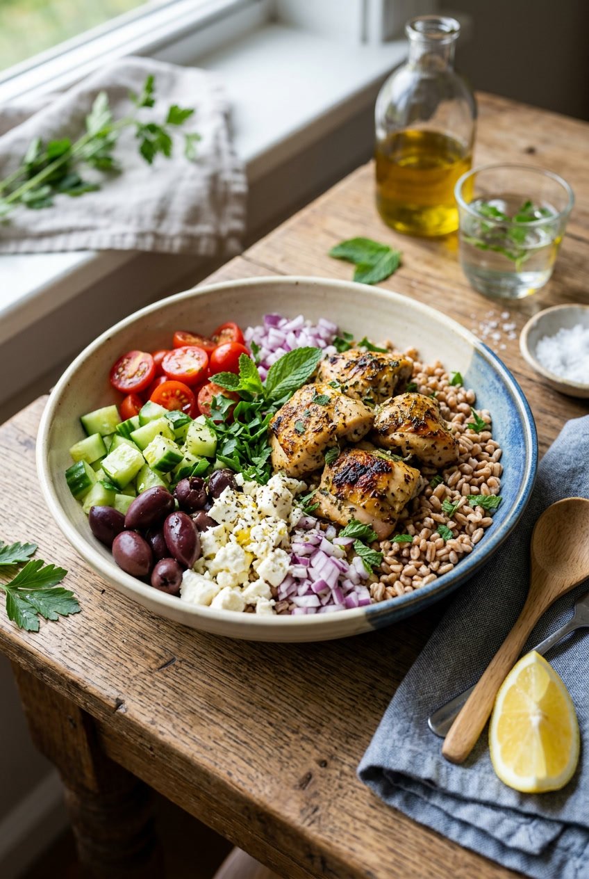 A wide grain bowl with a base of nutty farro topped with shredded rotisserie chicken, halved cherry tomatoes, diced cucumber, sliced kalamata olives, crumbled feta cheese, and thin-sliced red onion, drizzled with olive oil and lemon dressing, on a wooden table.