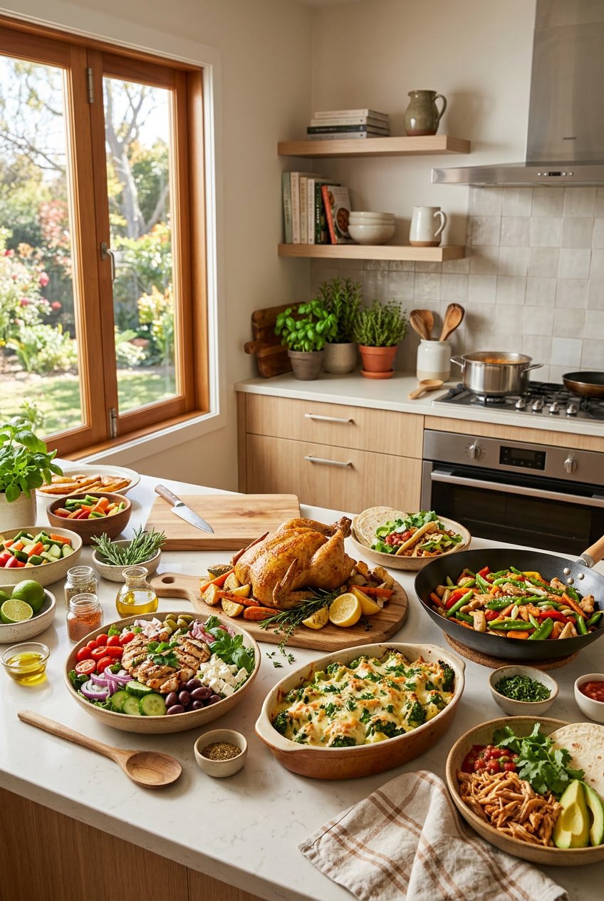 A bright kitchen countertop displaying several plates of rotisserie chicken dishes in various preparations, surrounded by fresh herbs, cut vegetables, and wooden-handled kitchen utensils in the background.