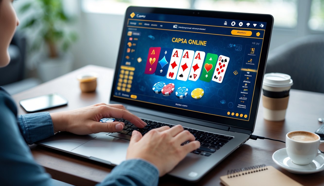 Seseorang bermain game kartu online di laptop di dalam ruangan yang nyaman dengan kartu dan chip terlihat di layar.