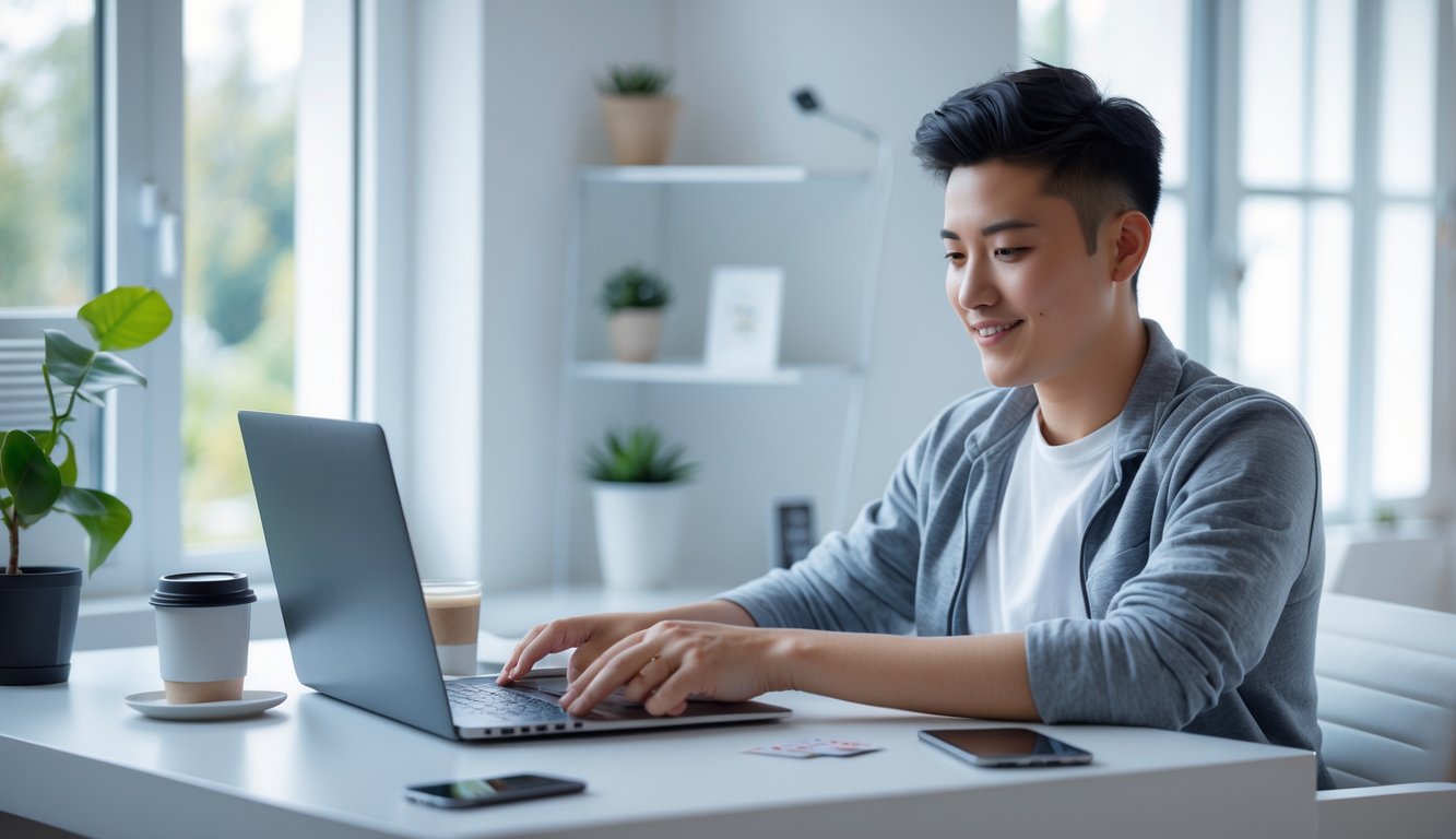 Seorang dewasa muda duduk di meja modern dengan laptop, bermain permainan kartu online di ruangan terang dan rapi.