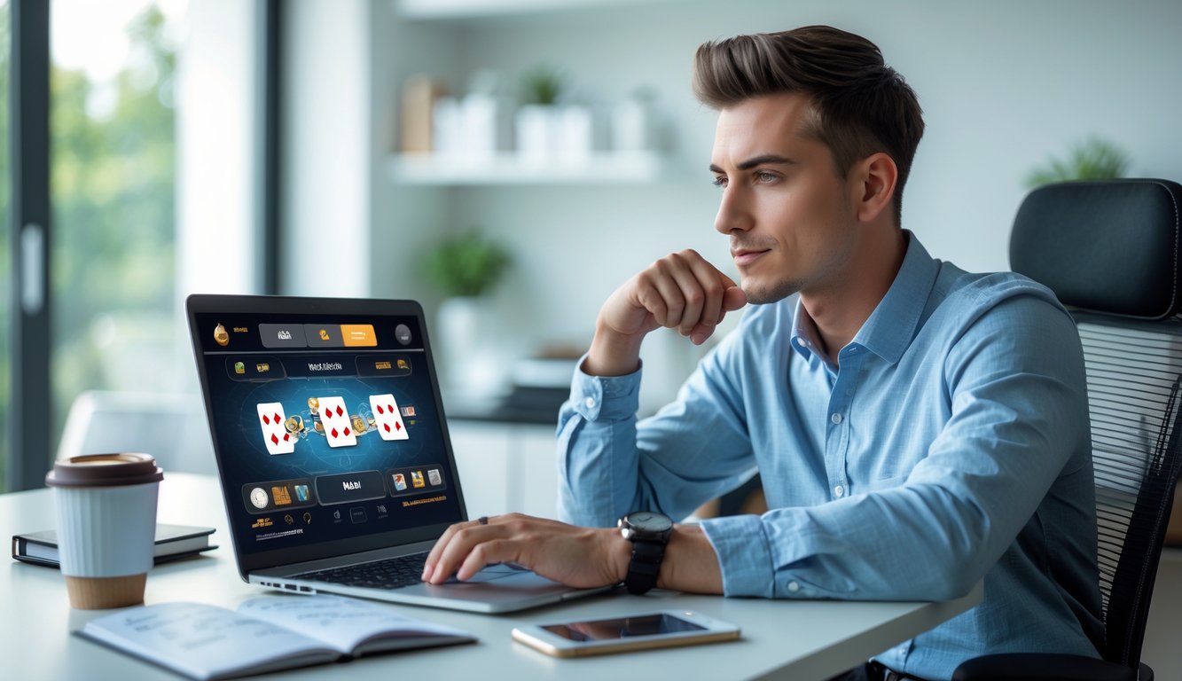 Seorang pria muda duduk di meja dengan laptop, fokus bermain permainan kartu online di ruang kerja yang rapi dan terang.