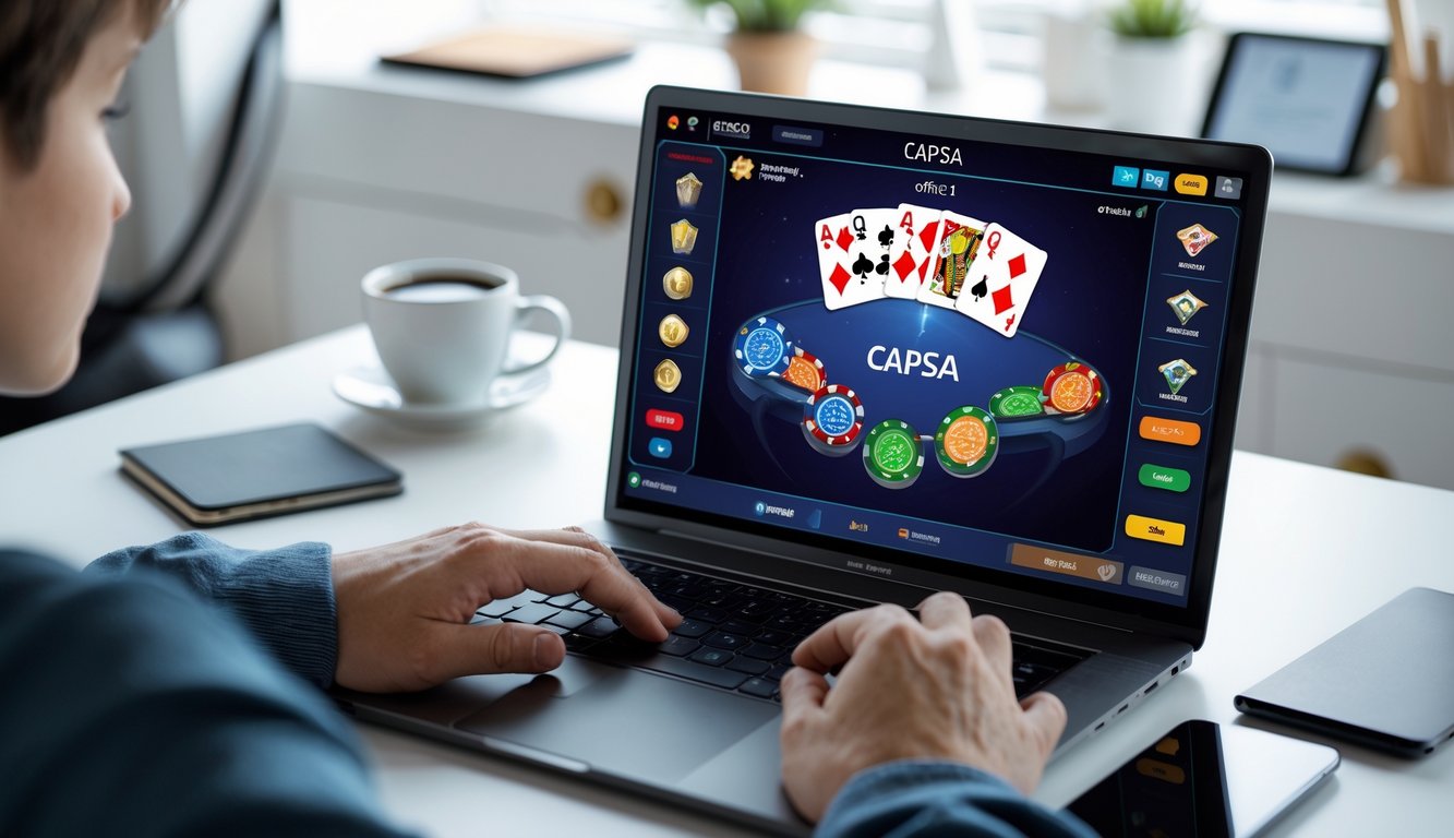 Seseorang sedang bermain game Capsa online di laptop di meja kerja dengan kartu dan chip terlihat di layar.