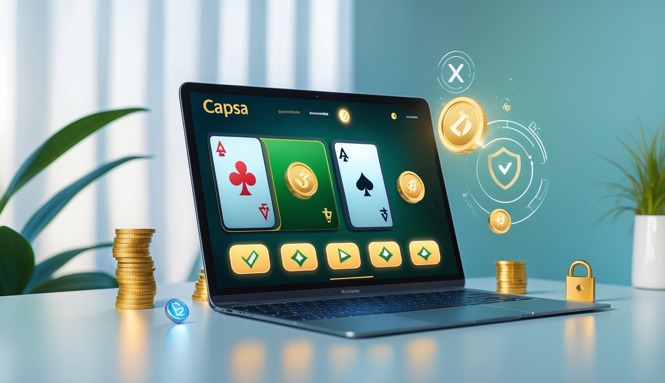 Seseorang menggunakan laptop dengan tampilan permainan kartu online di layar, dikelilingi ikon koin dan simbol keamanan.