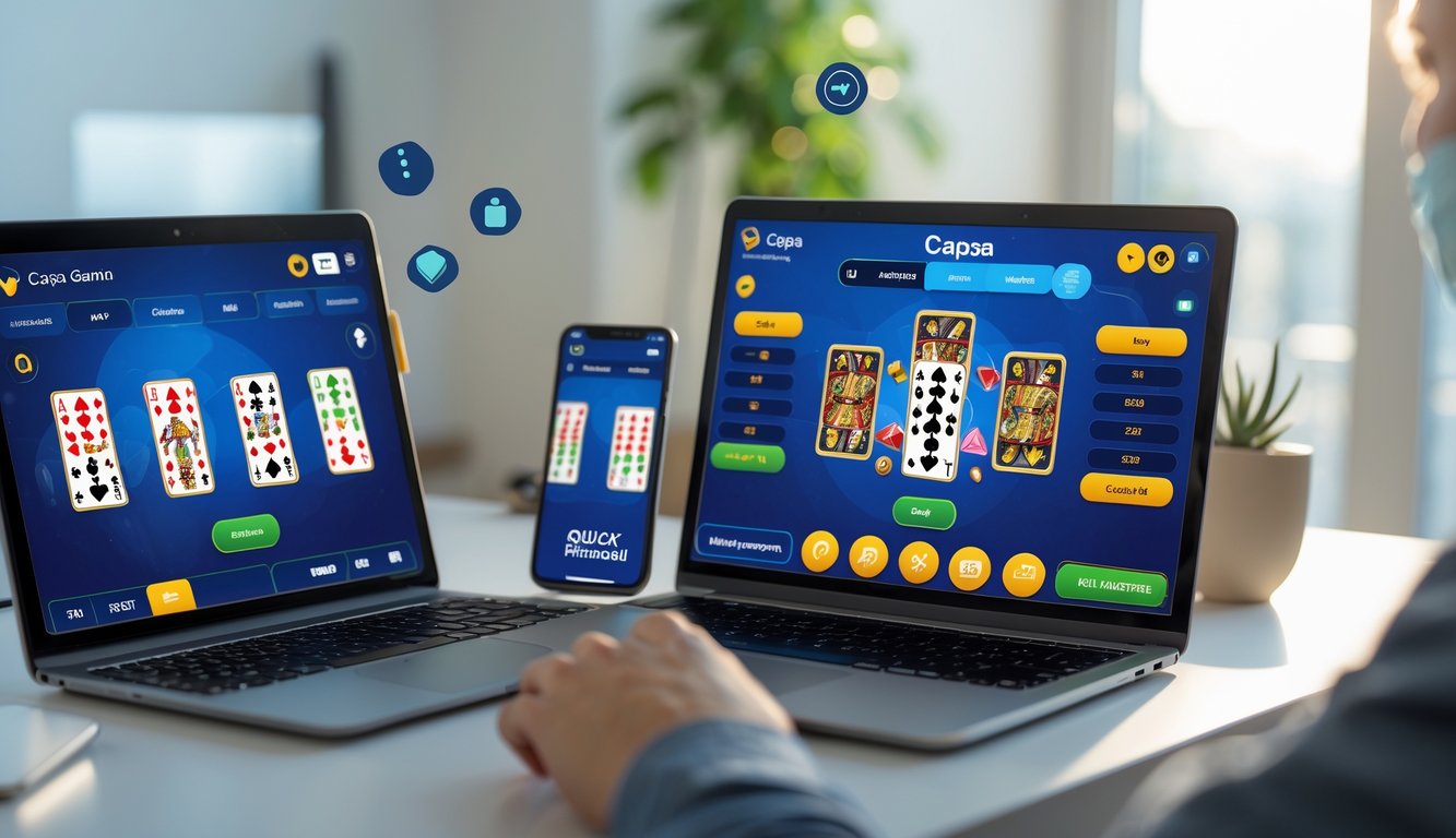 Seseorang sedang menggunakan laptop dan ponsel untuk bermain permainan kartu Capsa secara online di meja kerja yang rapi dan terang.